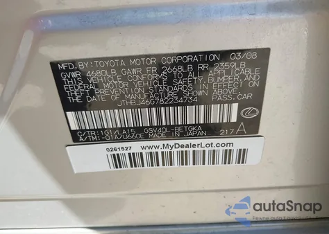 2008 Lexus Es 350 from USA, damaged, VIN JTHBJ46G782234734